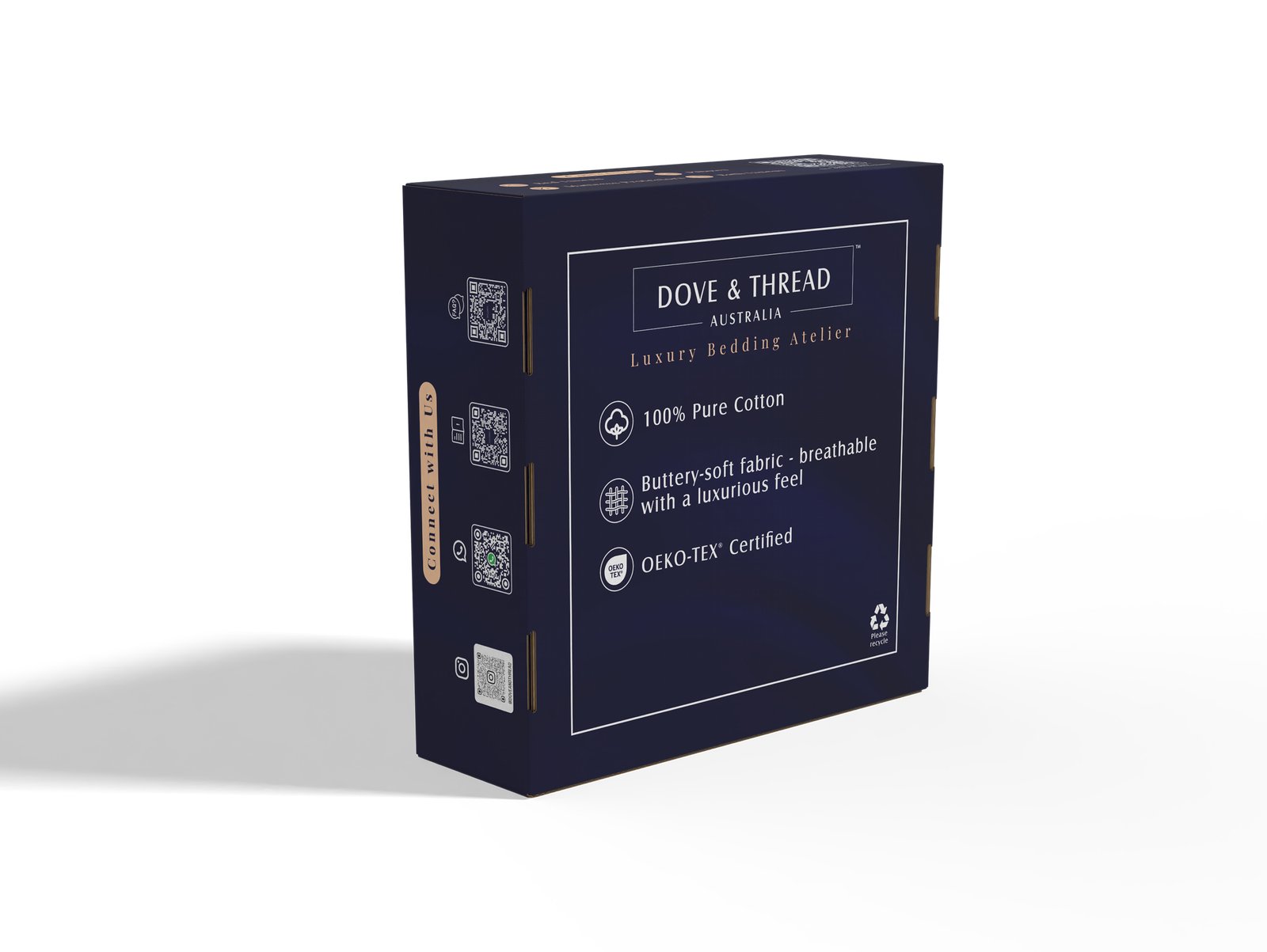Dove & Thread gift box back showing product features, OEKO-TEX certification badge, recycle logo and QR codes