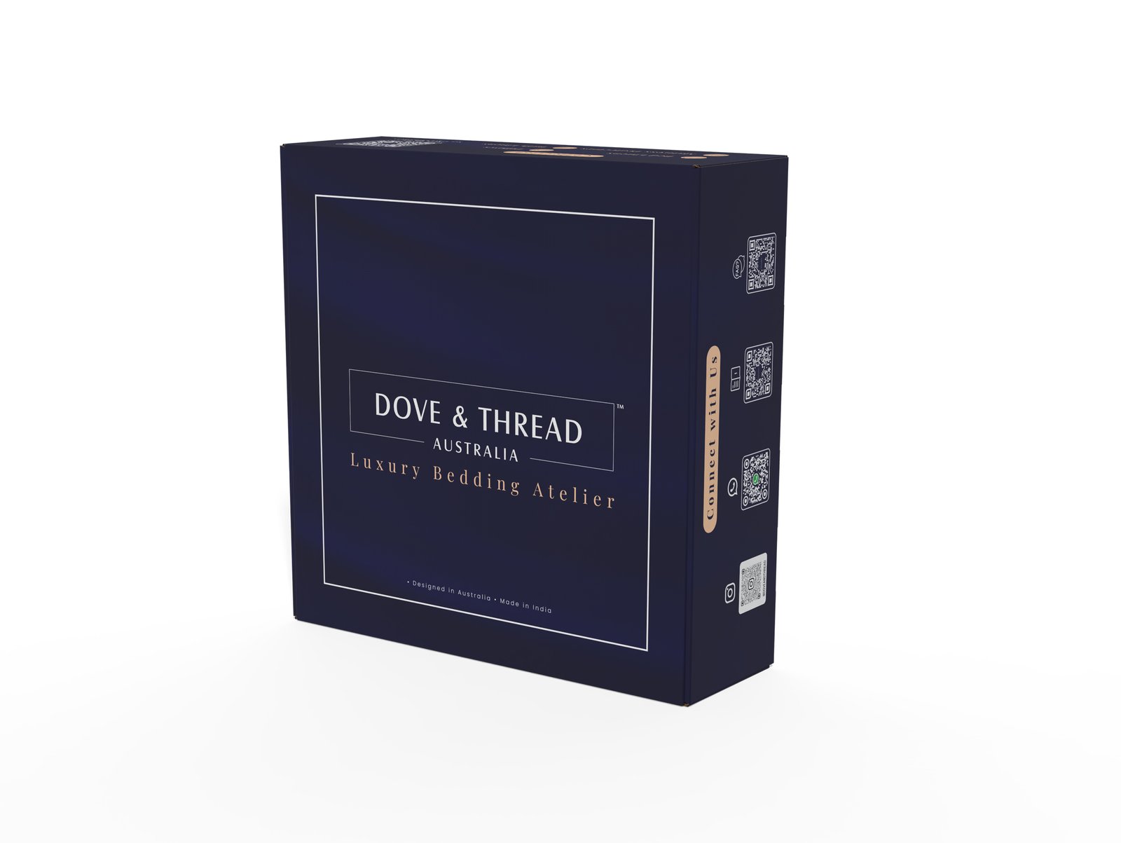 Dove & Thread navy gift box, front view with Designed in Australia · Made in India